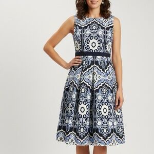 NWT Talbots Blue White Damask Textured Sleeveless Dress Size 8 Pockets‎